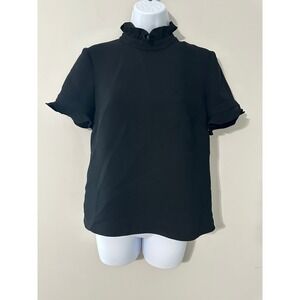 Alice & Trixie Black Ruffle Neck Top Short Sleeve Blouse Womens XS